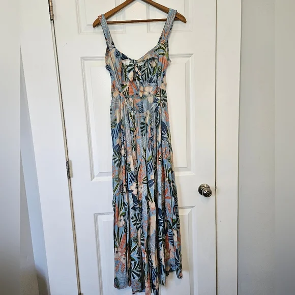 Angie Tie Open Back Tropical Floral Printed Boho Maxi Dress M - Picture 5 of 7